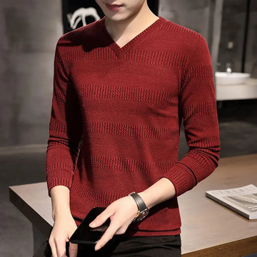 Autumn Winter New Fashion V-neck Long Sleeve Embossed Pattern Pullovers Men's Clothing Solid Knitting Casual All-match Chic Tops